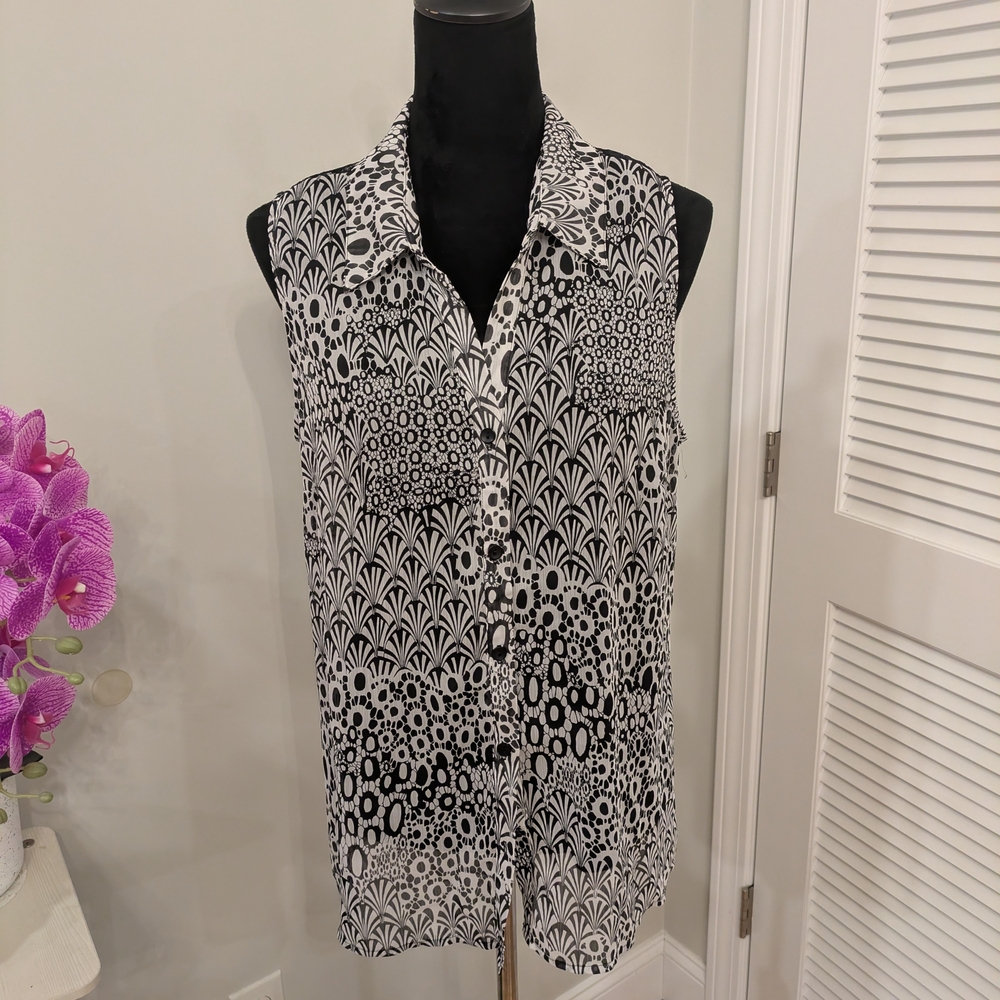 Roz & Ali Black and White Patterned Blouse Size XL